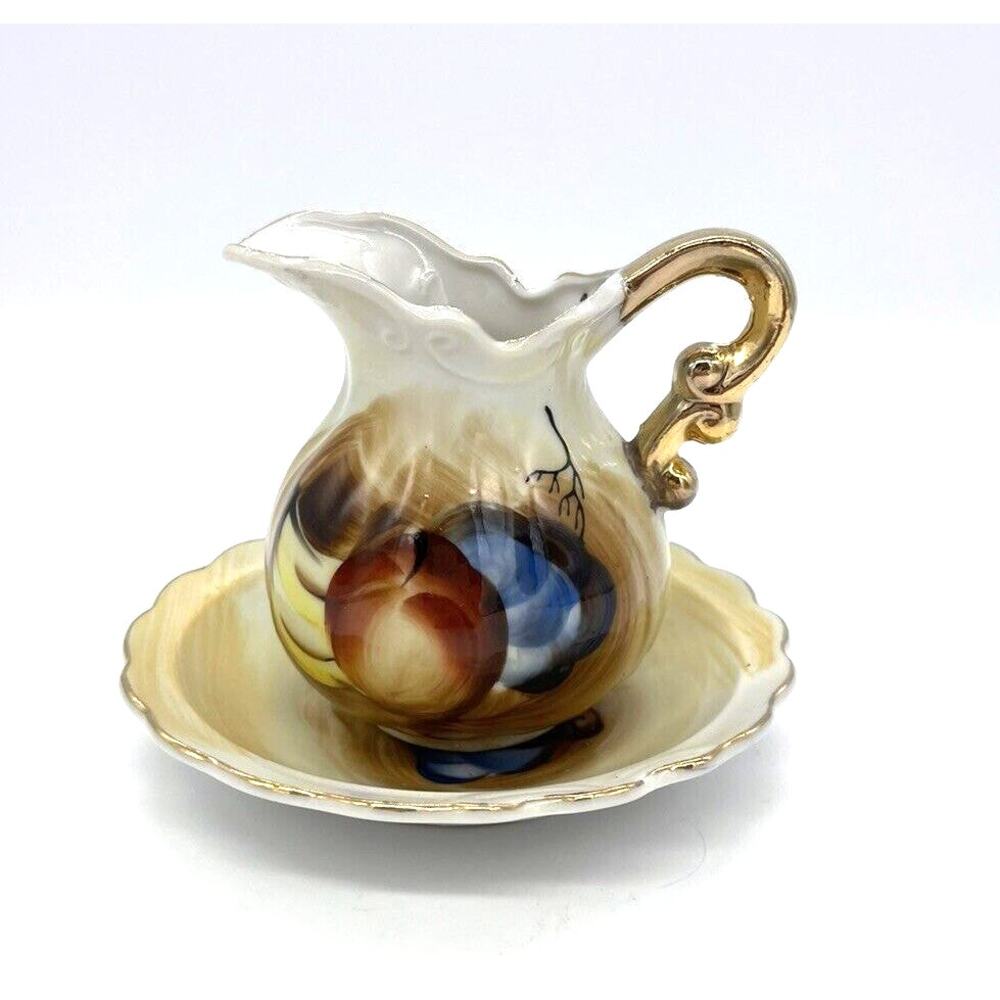 Vintage Norcrest Hand Painted Fruit Mini 3.5" Tall Pitcher & Bowl Set Japan